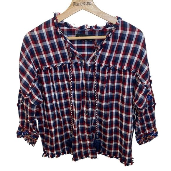 ZARA Boho Chill It’s Only Chaos Plaid Button Down Top - Picture 3 of 7